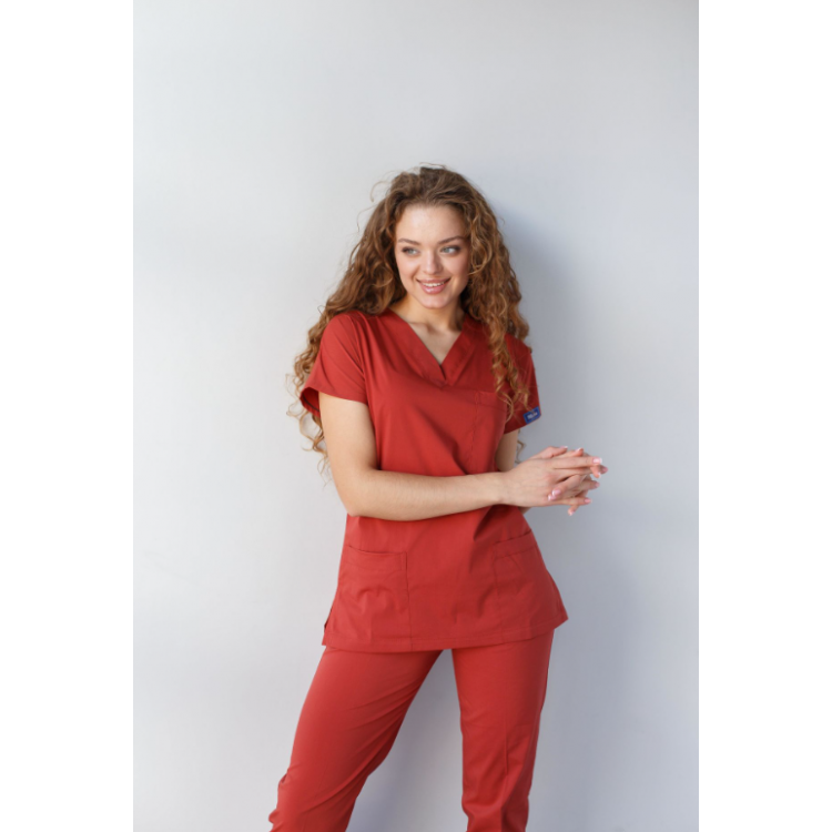 Likralı Hemşire Doktor Forma Kiremit Rengi Unisex