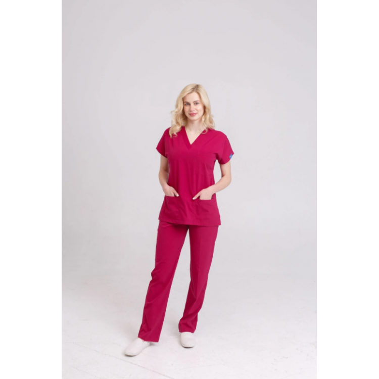 Likralı Hemşire Doktor Takım Vişne Renk Unisex